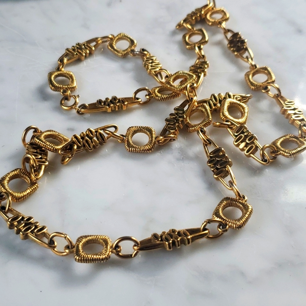 Rare 1970's Trifari Long Abstract Modernist Geometric Gold Tone Necklace